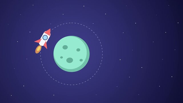 Pixel art rocket ship in children's animation loops around a pale green moon in outer space, starry sky