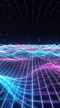 Abstract motion background with neon grid, blue and pink wave line, dark star field, glowing digital space, futuristic cyberspace data stream energy for SEO friendly visual design
