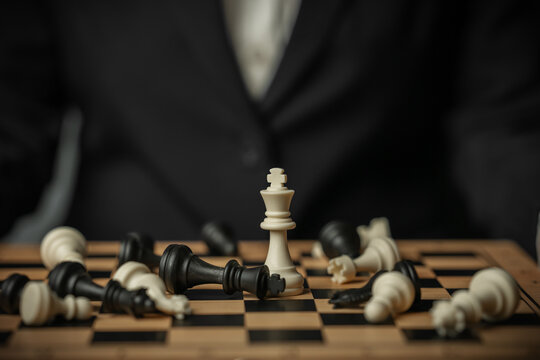 white chess king surrounded by fallen pieces on wooden board