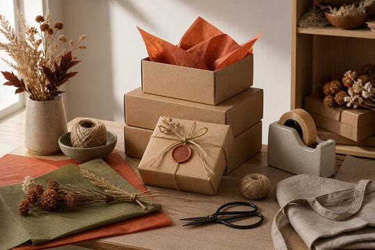 Small business gift wrapping station with recycled packaging