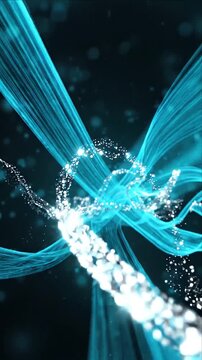 Abstract motion background with blue light trail, particle swirl and turquoise light streaks on dark digital background for elegant modern energy design