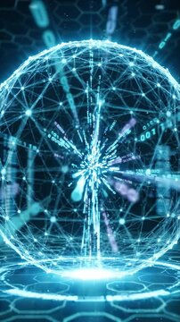Abstract Motion Background of Digital Network Globe with Blue Light, Data Flow Through Network Shield, Futuristic Line Pattern, Glowing Connection, Cyber Security Sphere, Hologram Technology