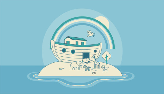 Noah ark rests on a small island with various cute animals standing outside under a beautiful rainbow and a flying white dove.