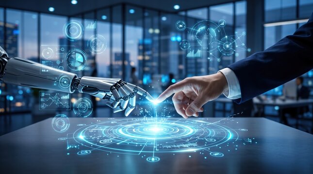 Close up of human finger and robot finger touching over glowing digital table, symbolizing agreement and partnership between man and machine in high tech environment with city view