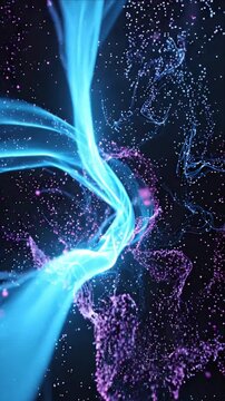 Abstract blue motion background with glowing particle flow, purple wave energy, blue smoke and purple light black space, graceful flowing swirl, blue light swirl with pink particle creating dynamic