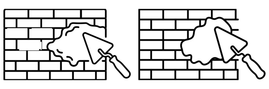 Brick wall repair construction vector illustration with trowel tool and mortar plaster icon set construction building