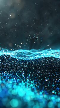 Abstract motion background of blue particle wave and glowing light field with dark depth and soft bokeh, abstract motion background glowing blue particle wave with soft gold bokeh and dark depth