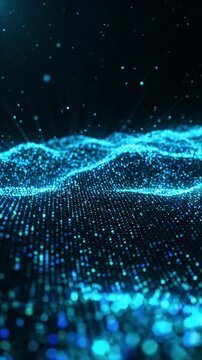 Abstract motion background with glowing blue particle wave in dark digital texture and soft light, futuristic data network science fiction design with sparkling depth for SEO friendly visual content