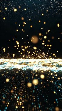 Abstract motion background with glowing gold and blue particle stream, dark space style light effect, luminous digital texture, sparkling light field, futuristic design with abstract motion