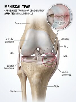 Human Knee Joint Anatomy Diagram Illustrating Meniscal Tear and Medial Meniscus Injury