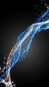 Abstract motion background with blue and gold light stream on black background, elegant flowing energy pattern, blue light streak energy wave on black background for SEO searchable design
