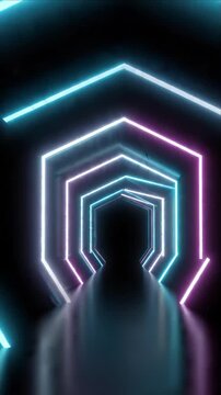 Abstract motion background with neon tunnel, glowing geometric light rings in dark futuristic corridor, cyan and purple reflection, polygon frame, digital art design