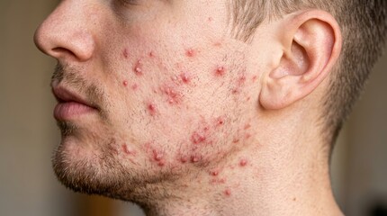 Naklejka premium Young Man with Severe Acne Inflammation and Pimples on Cheek Skin