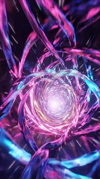 Abstract motion background with glowing purple and blue spiral tunnel, neon light center, swirling color, flowing ribbon shape, colorful reflective glow in dark space