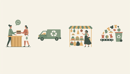 Fototapeta premium Informative infographic illustrates the process of sustainable fashion, recycling clothes, and supporting secondhand thrift markets.