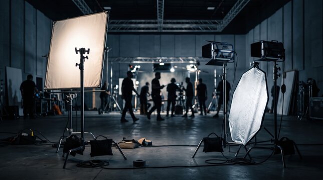 Professional studio lighting setup with softboxes and reflectors on film production set, crew members silhouetted in, cinematic lighting design, movie making process