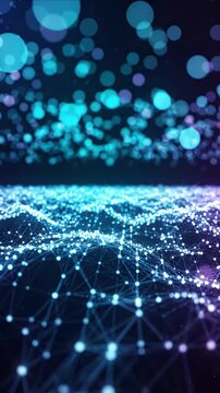 Abstract motion background of glowing digital network, particle line and node dark blue purple gradient, futuristic data grid with soft blue violet light and dark space, SEO friendly abstract digital