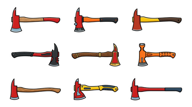 Various woodcutting and firefighter axe icons for games.