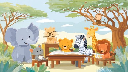 Naklejka premium Safari animals in outdoor classroom setting under acacia tree, elephant using trunk to turn encyclopedia pages, giraffe with glasses reading from elevated desk, lion cubs sharing picture book, zebra