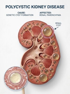 Medical Illustration of Polycystic Kidney Disease (PKD) with Multiple Renal Cysts