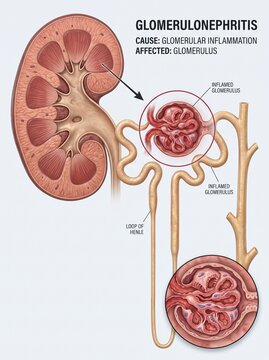Glomerulonephritis Medical Illustration showing Kidney Anatomy and Glomerulus Inflammation Diagram