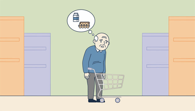 Confused senior man with a shopping cart trying to remember his grocery list of milk and eggs in a supermarket.