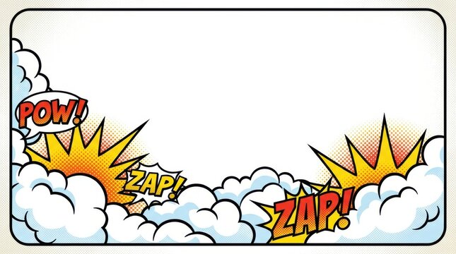 Comic book explosion frame with clouds and sound effects pow and zap for graphic design.