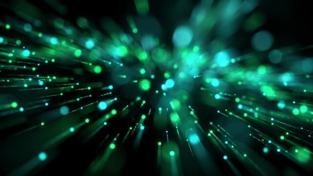 エメラルドグリーンとシアンの量子ノード粒子が前方に押し寄せるマクロ抽象の3Dアニメーション