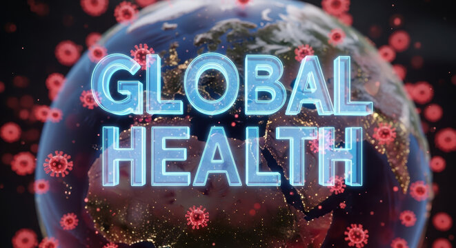 Global health concept with earth background highlights geopolitical risk assessment and pandemic impact worldwide