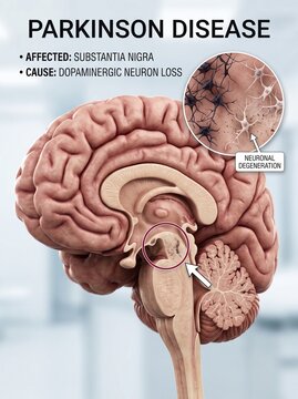 Medical Illustration of Human Brain Cross Section Showing Parkinson's Disease and Neuronal Degeneration