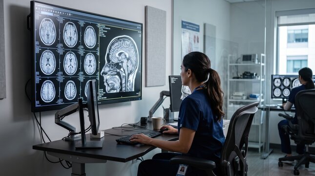 Female radiologist in blue scrubs seated at ergonomic workstation reviewing detailed brain MRI scans on large wall-mounted monitor, multiple cross-sectional images displayed