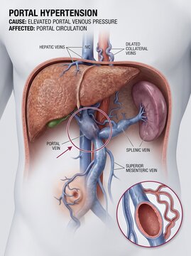 Portal Hypertension Medical Illustration Showing Liver and Splenic Vein Anatomy