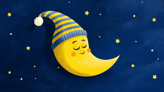 Adorable bright yellow crescent moon character with rosy cheeks and peaceful sleeping face, wearing oversized striped nightcap with fluffy white pompom, floating in deep blue night sky filled with