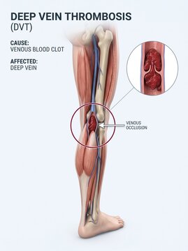 Deep Vein Thrombosis (DVT) Medical Illustration showing Blood Clot in Human Leg Vein