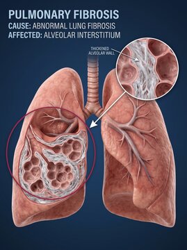 Medical illustration of pulmonary fibrosis showing lung scarring and thickened alveolar walls