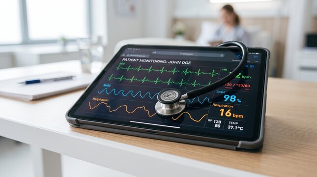 Tablet displaying patient monitoring dashboard with ECG waves and vital statistics, stethoscope resting on device screen, remote healthcare and telemedicine concept on wooden desk.