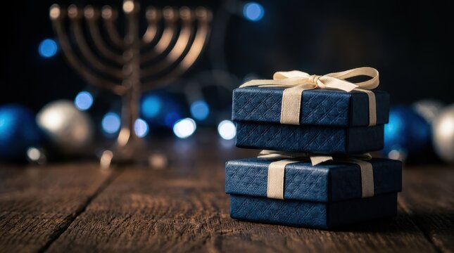 Elegant dark blue gift boxes stacked with light ribbons placed on wooden table featuring blurred menorah and bokeh.