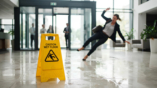 Businesswoman slipping and falling on a wet floor in a modern corporate office building lobby next to a yellow caution warning sign