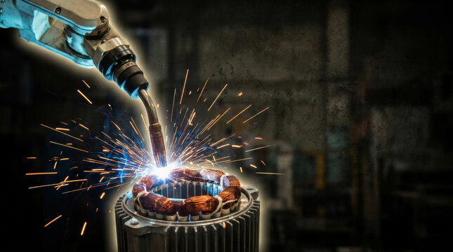 Robotic welding arm uses electric drivetrain research technology to join copper coil in industrial workshop with bright sparks and precision