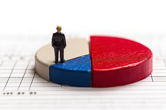 Miniature businessman stands on a divided pie chart