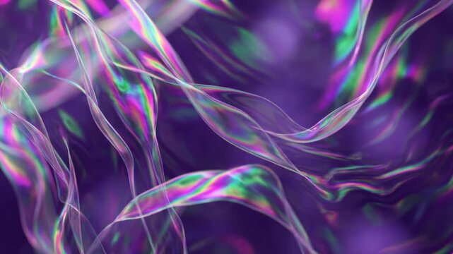 深い紫の背景で虹色に輝くセロハンのような薄膜が波打つマクロ抽象の3Dアニメーション