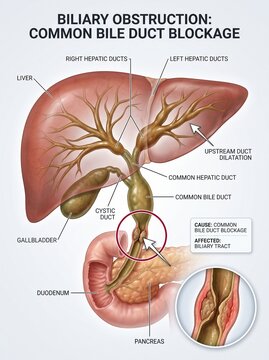 Biliary Obstruction Medical Diagram showing Common Bile Duct Blockage and Liver Anatomy