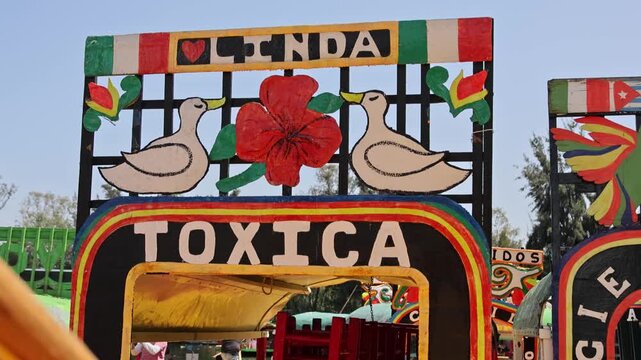 Colorful Trajinera Boat Linda Toxica Sign Xochimilco Canals Mexico City