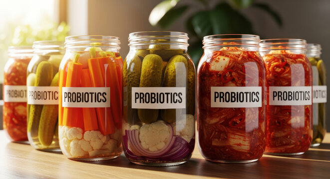 Probiotics glass jars with pickled vegetables support gut health and microbiome balance for disease prevention and research advancement nutrition