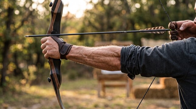 Close-up of a focused archer pulling back a wooden recurve bowstring with an arrow at an outdoor target range during golden hour.