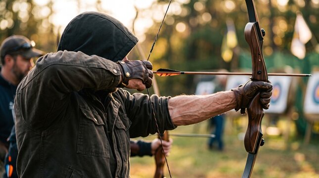 Close-up of a focused archer pulling back a wooden recurve bowstring with an arrow at an outdoor target range during golden hour.