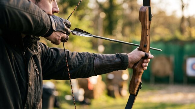 Close-up of a focused archer pulling back a wooden recurve bowstring with an arrow at an outdoor target range during golden hour.