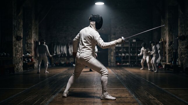 Full length view of a fencer in a white protective suit and mask standing in en garde stance with a foil sword under an overhead spotlight in a dark hall.
