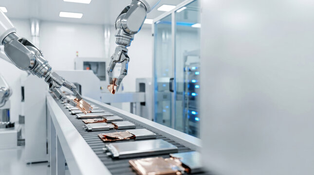 Automated electric vehicle battery assembly line with robotic arm handling components in clean industrial factory environment