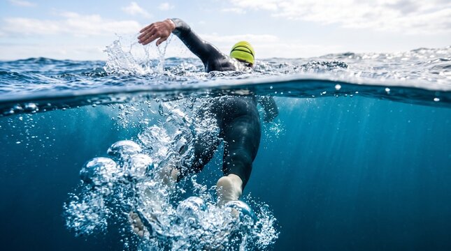 Over-under split level view of a triathlete swimming front crawl freestyle in open ocean water with dynamic splashes and bubbles.